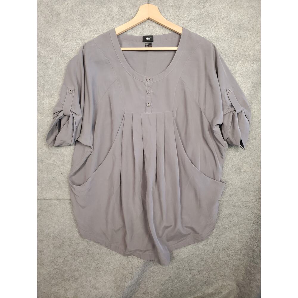 Women's H&M Size 4 Gray Oversized Lagenlook Pleat Front Short Sleeve Blouse